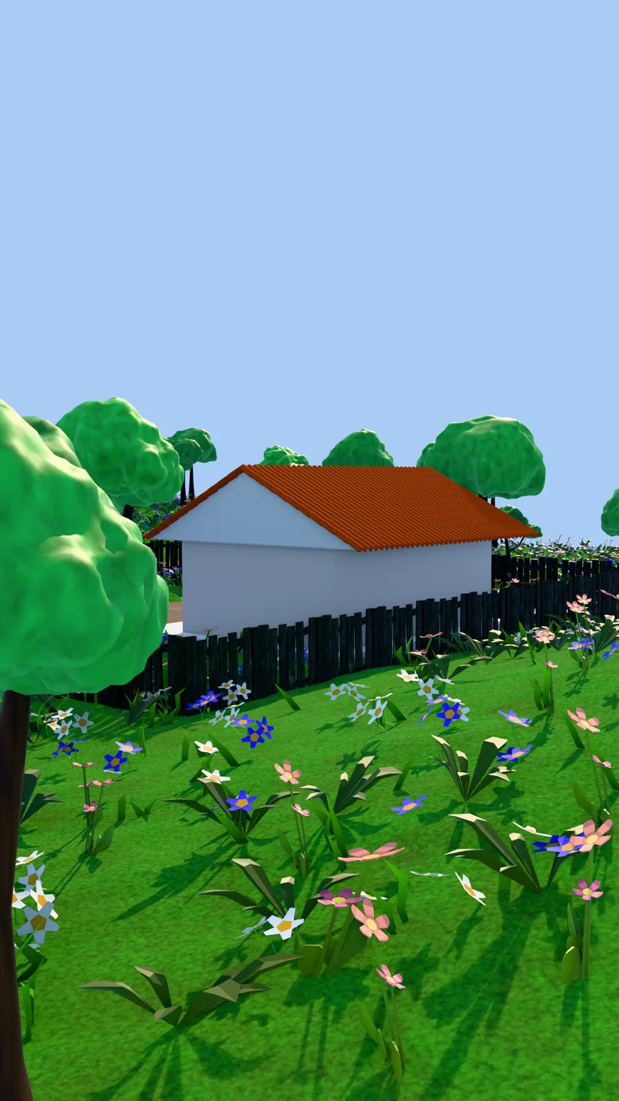 A flythrough over the walled compound — the tiled house, the fence and a meadow of flowers under a blue sky.