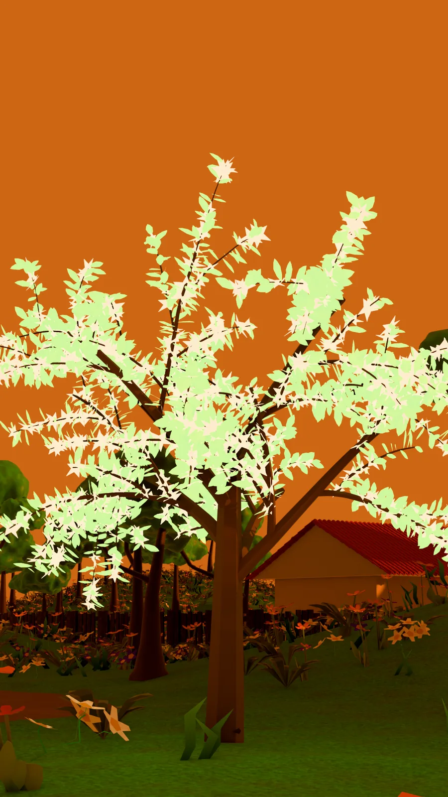 Mary's tree in full white blossom against a deep orange sky, with the compound rooftops behind it.
