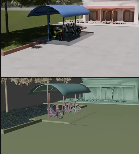 E-bike charging station visualised in a hotel garden
